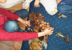 Dzieci układają kompozycję z darów jesieni